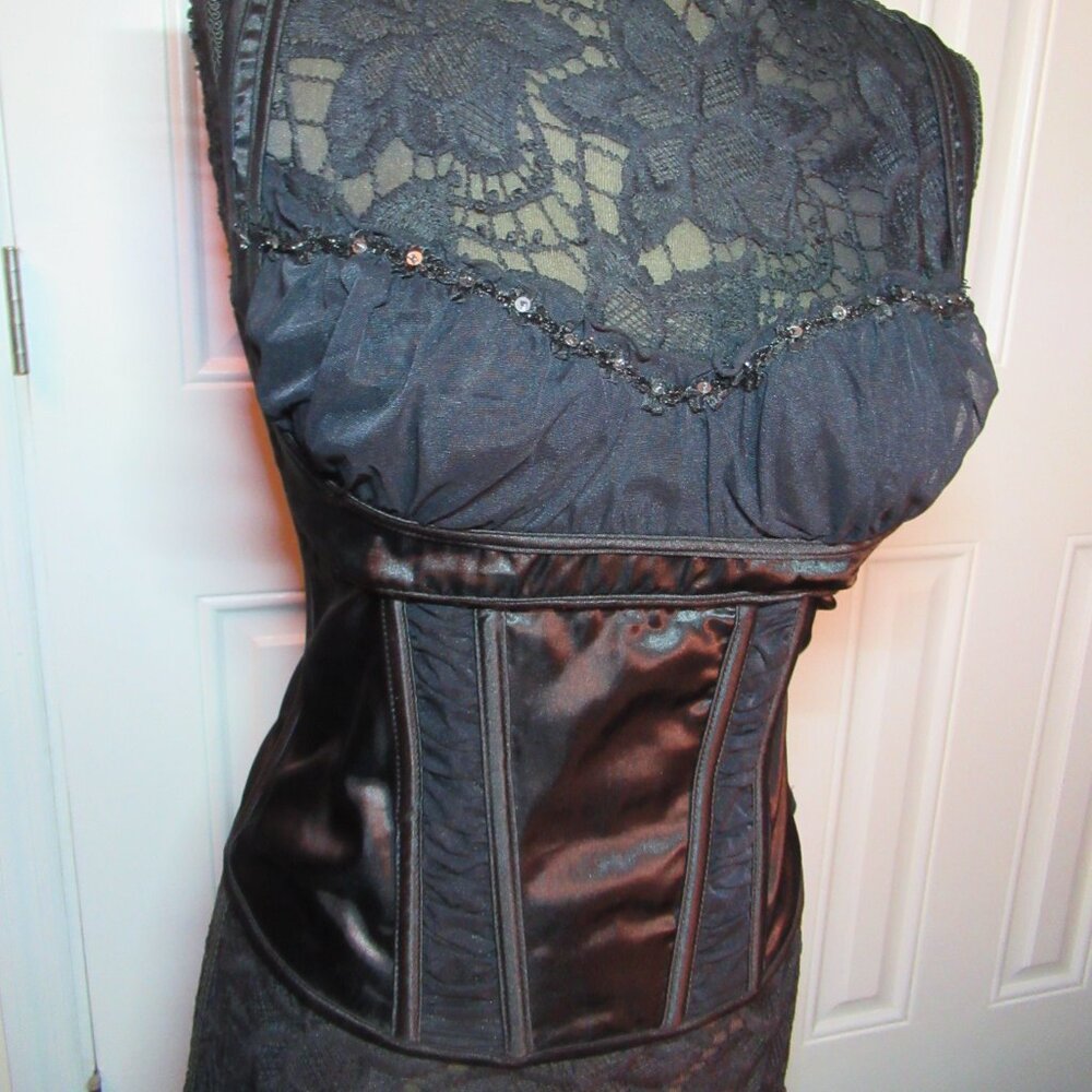 Black Satin & Sheer Ruched Corset Bustier Top w Embellishments, Medium Excellent
